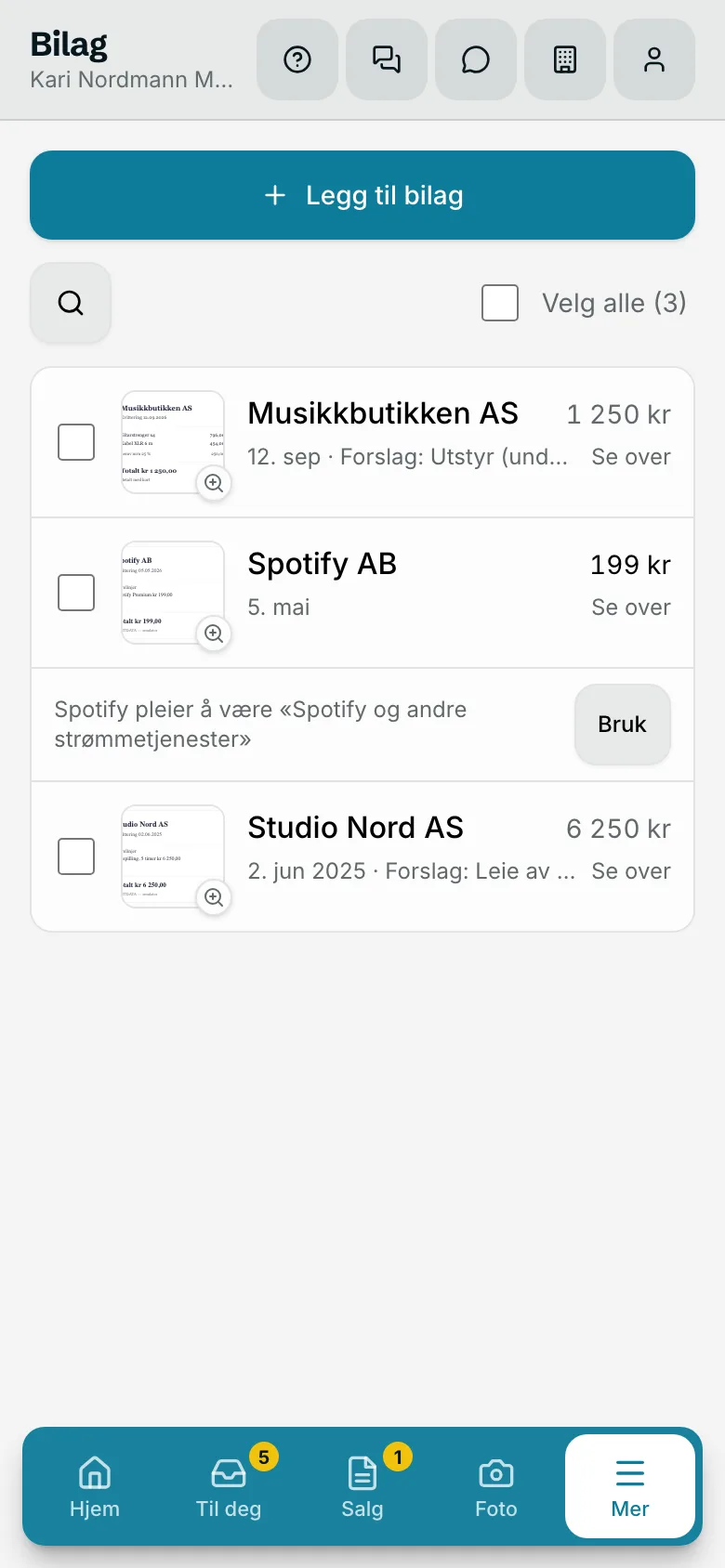 Bilag i Klapp: kvitteringene som venter på deg, med foreslått konto